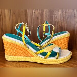 VTG E Made In Italy Colorblock Wedge Espadrilles Sz 37 Cream/Orange/Yellow/Gold